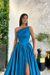 Simple Long Blue A-line One Shoulder Sleeveless Evening Dresses With Slit